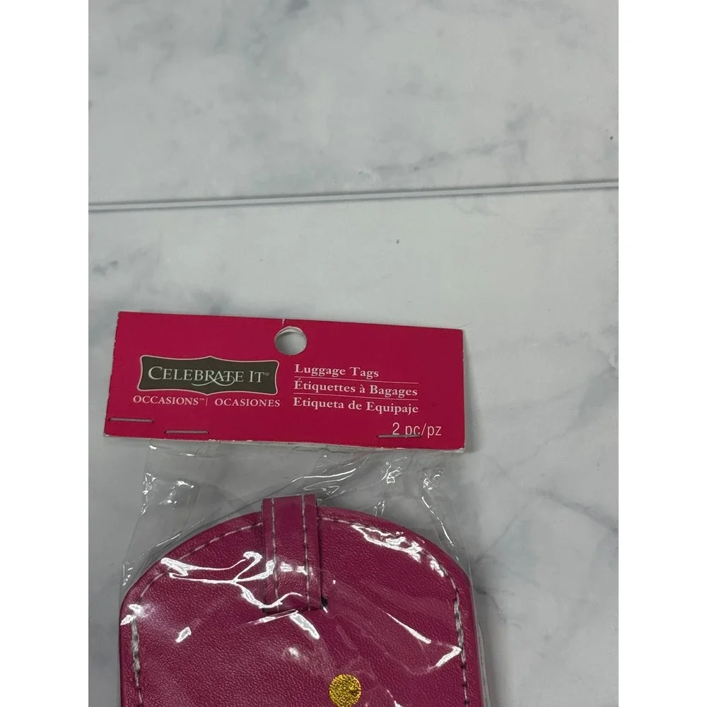 Celebrate It Mr and Mrs Luggage Tags Set 2pc Pink Black Gold Faux Leather NWT